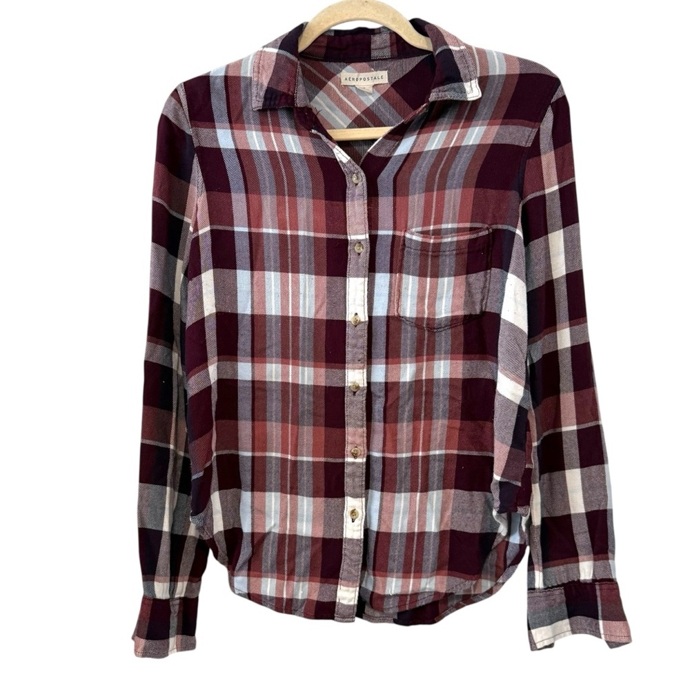 Aeropostale Medium Burgundy Gray Plaid Flannel Button Down Shirt